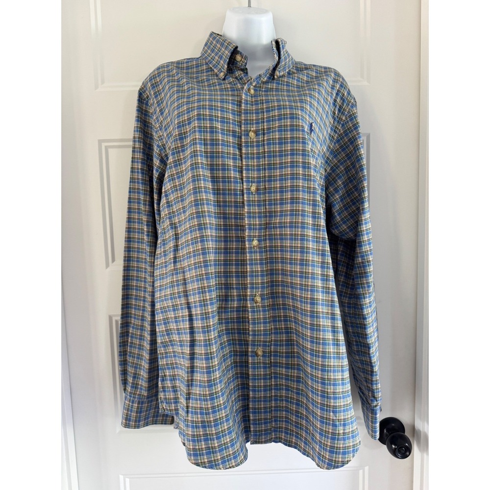 Ralph Lauren Mens Slim Fit Plaid Button Down Shirt Blue Tan Cotton Large